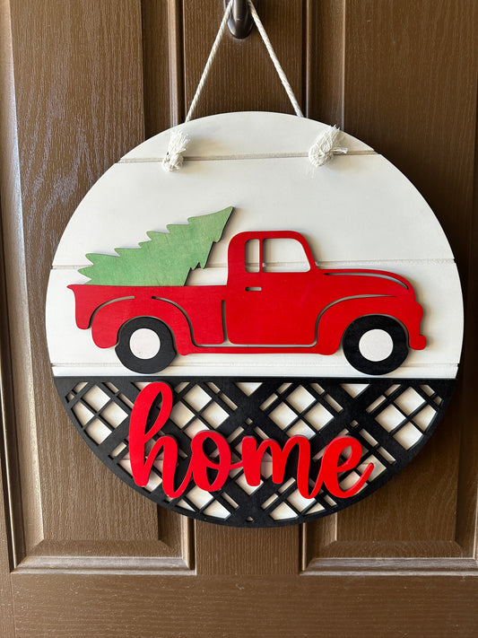 Red Truck Home Door Round