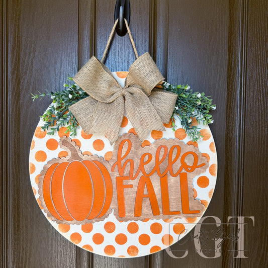 Hello Fall Pumpkin Polka Dot Door Round