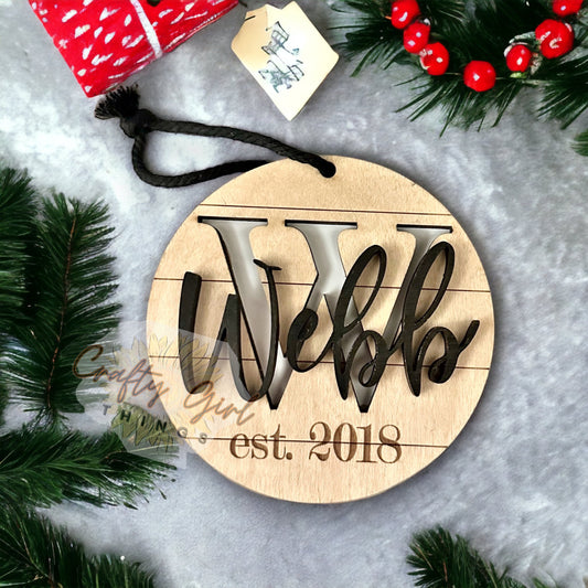 Shiplap initial name est ornament